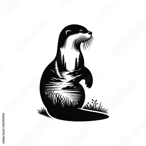 silhouette of otter filled with river view in rough drawing,