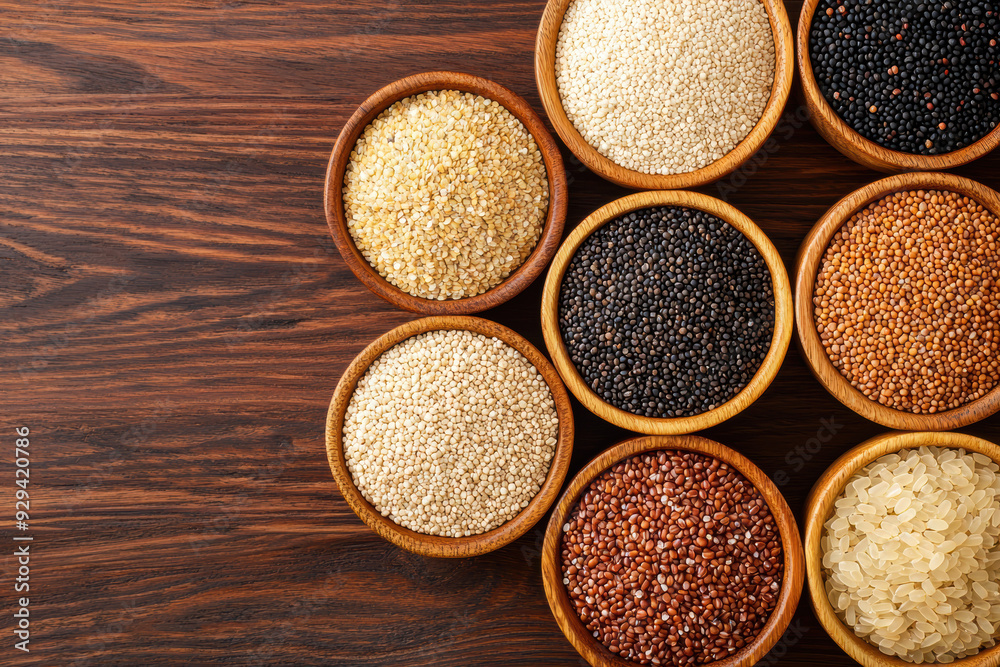 Organic grains, assorted in wooden bowls with copy space