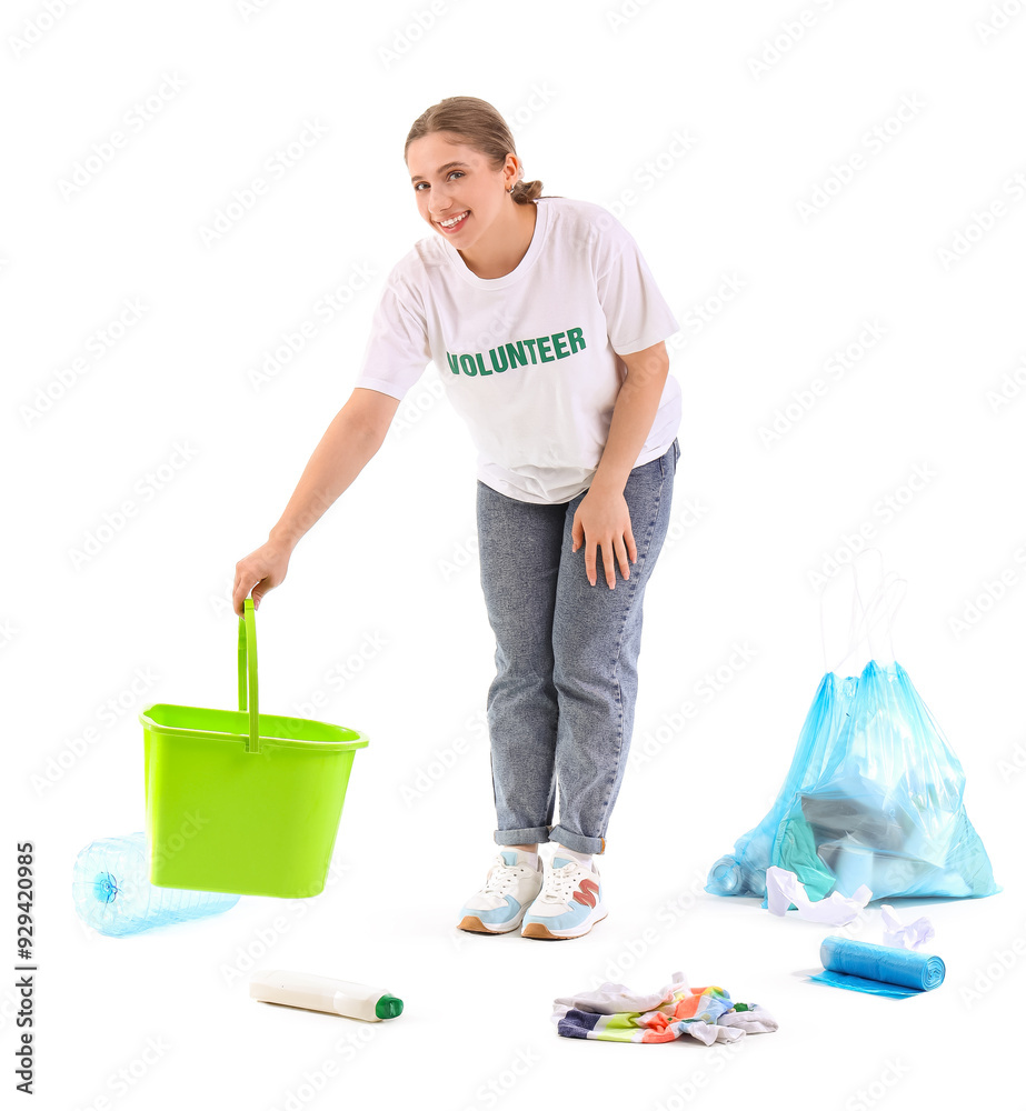 Female volunteer with bin sorting garbage on white background Female volunteer with bin sorting garbage on white background