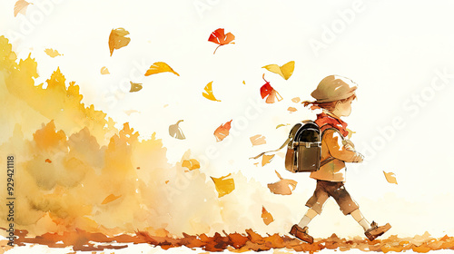 Illustration of a Child Walking Through Autumn Leaves with a Backpack