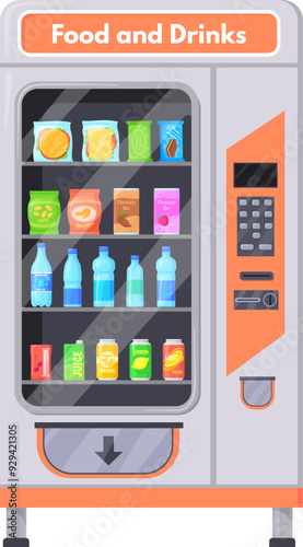 Food and drinks in automated kiosk. Fridge vending machine