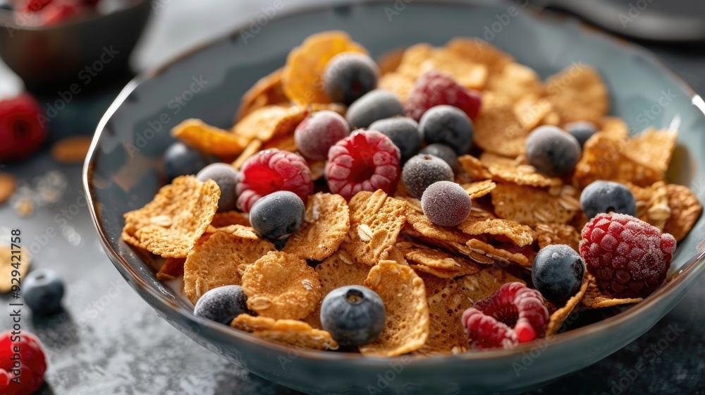A bowl filled with cereal and topped with berries on a table A bowl filled with cereal and topped with berries on a table
