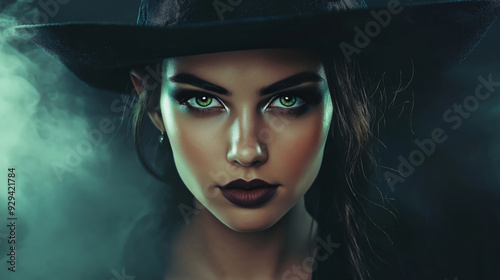 Young woman dressed as a witch for halloween, surrounded by swirling green smoke, exuding mystery and magic with her green eyes and dark makeup. Perfect for spooky projects