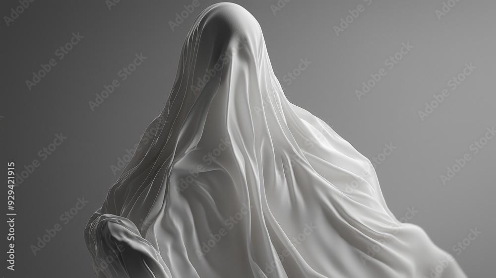 White fabric covering a mysterious figure, creating a sense of mystery and intrigue. The flowing drapery adds an ethereal and otherworldly quality to the composition White fabric covering a mysterious figure, creating a sense of mystery and intrigue. The flowing drapery adds an ethereal and otherworldly quality to the composition