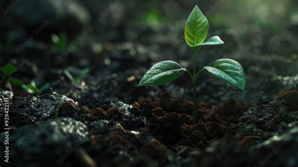 A young seedling grows out of the ground