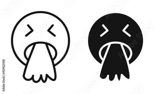 Puking emoji vector icon in black and blue colors