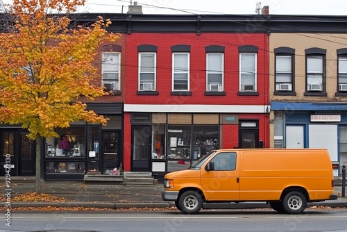 An orange delivery van is parked along a street with colorful autumn foliage and historic brick storefronts. Generative AI
