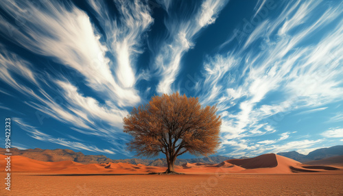 Lonesome single autumn tree in the desert,  orange oak tree standing in the middle of the desert. Climate change and global warming concept.  photo