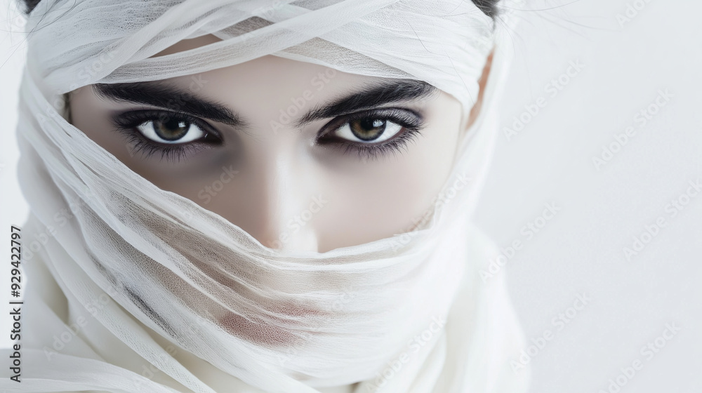 Young woman exudes elegance with a white veil, her eyes intense and mysterious. The veil symbolizes purity and innocence, adding a touch of spirituality Young woman exudes elegance with a white veil, her eyes intense and mysterious. The veil symbolizes purity and innocence, adding a touch of spirituality