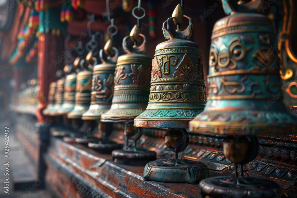 A collection of bells placed side by side A collection of bells placed side by side