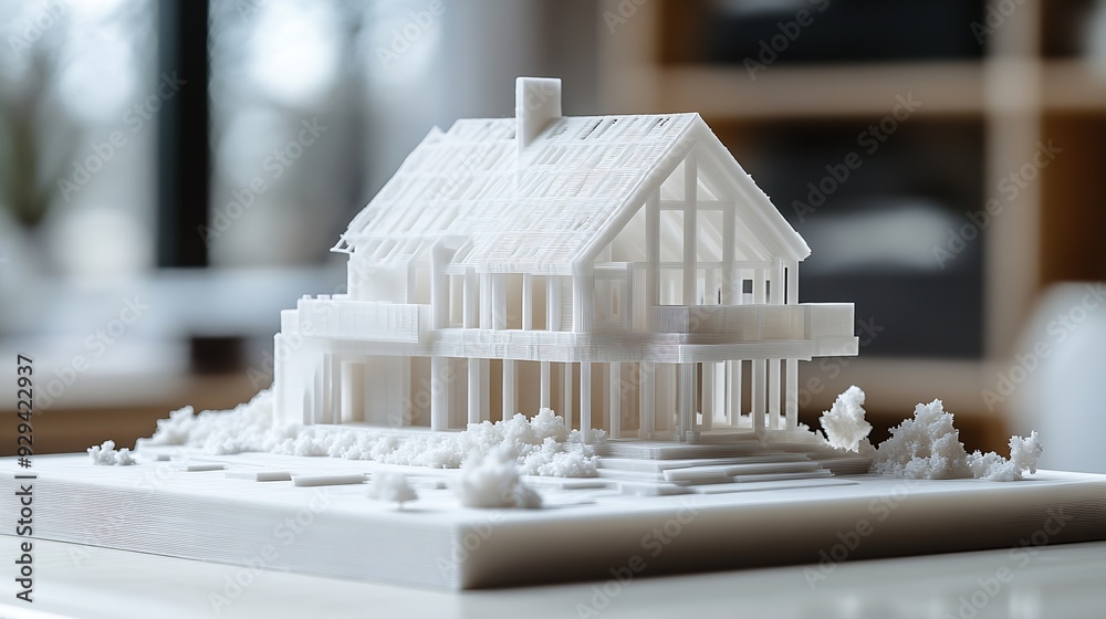 Decomposed house parts floor and roof 3D model printed on a 3D printer with white filament by FDM technology for architectural use : Generative AI Decomposed house parts floor and roof 3D model printed on a 3D printer with white filament by FDM technology for architectural use : Generative AI