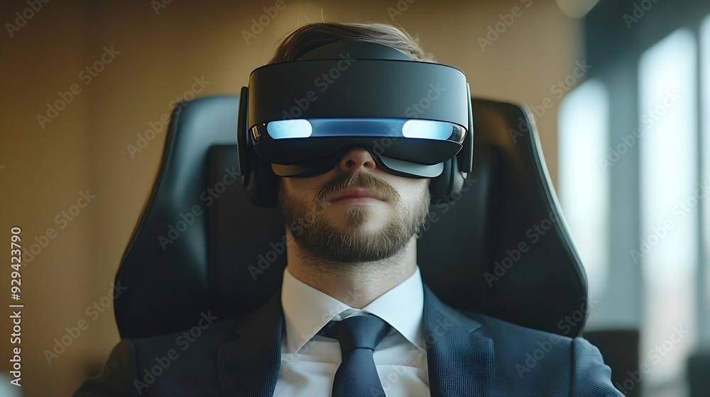 Businessman using virtual reality headset in meeting room at office : Generative AI Businessman using virtual reality headset in meeting room at office : Generative AI