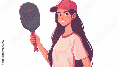 Young Latino woman in a pink cap holding a pickleball paddle, smiling confidently against a white background. photo