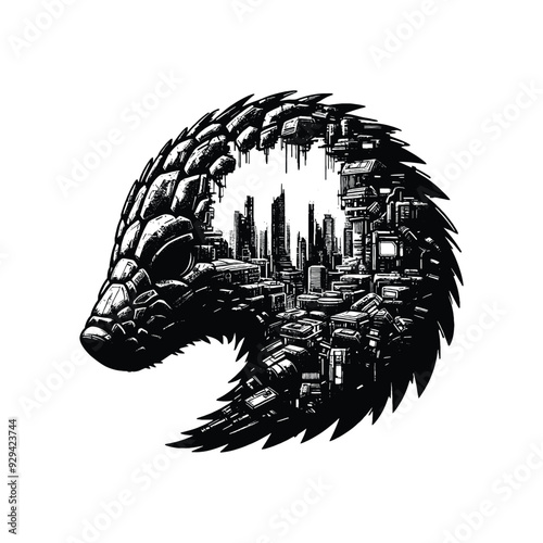 silhouette of Pangolin, filled with destroyed futuristic dystopia environment in rough drawing,