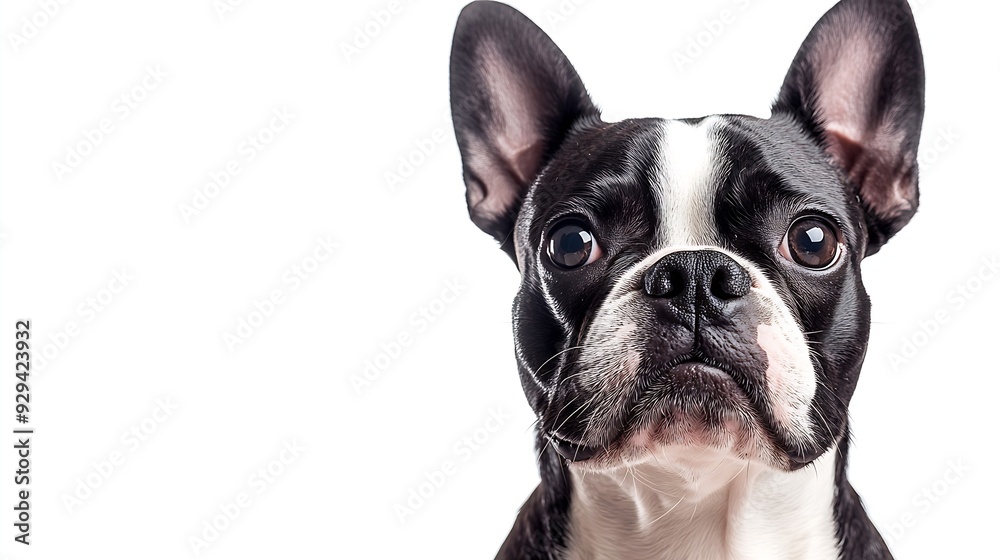 Studio headshot portrait of Boston terrier dog with head tilted looking forward against a white background : Generative AI Studio headshot portrait of Boston terrier dog with head tilted looking forward against a white background : Generative AI