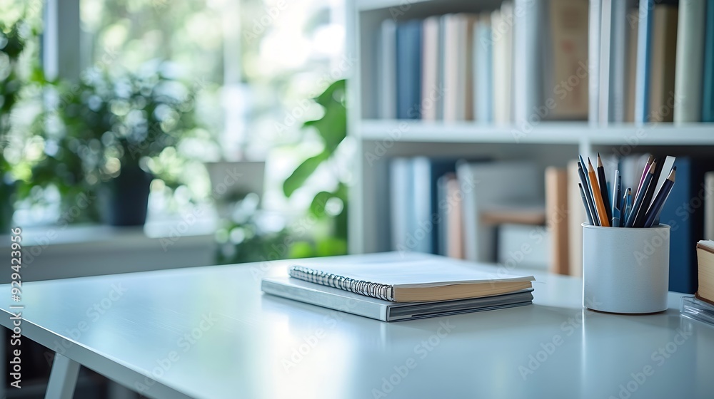Cropped shot of white table with books stationery and copy space in blurred study room : Generative AI Cropped shot of white table with books stationery and copy space in blurred study room : Generative AI