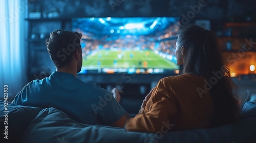 Happy young people emotional friends watching football match sport show Youth sitting on sofa in front of huge 3D model of tv screen Concept of sport leisure activities betting ad : Generative AI