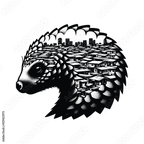 silhouette of Pangolin, filled with ghetto street in rough drawing,