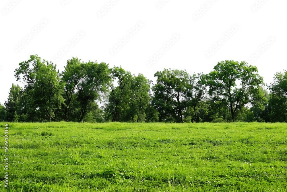 Fototapeta premium A scenic view of a green field with trees in the background, suitable for outdoor or nature-related themes