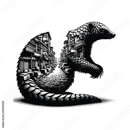 silhouette of Pangolin filled with ghetto street in rough drawing,