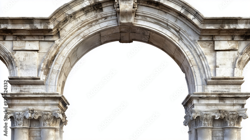 Obraz premium Ancient stone archway with intricate carvings, showcasing classical architecture against a plain white background.