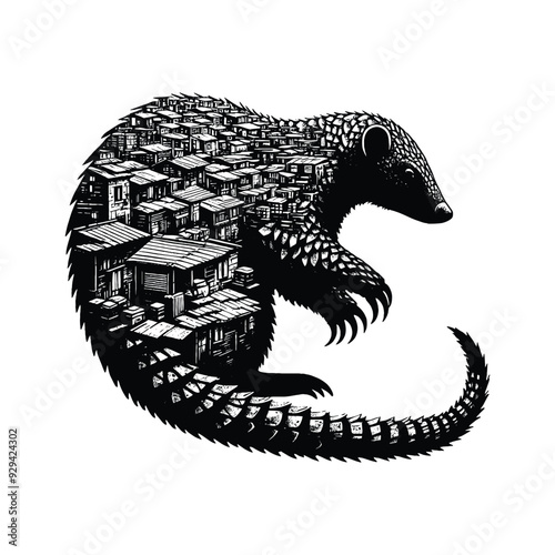 silhouette of Pangolin filled with ghetto street in rough drawing,