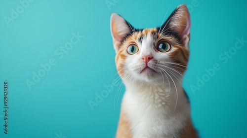 studio portrait of domestic calico cat standing and looking forward against a turquoise background : Generative AI