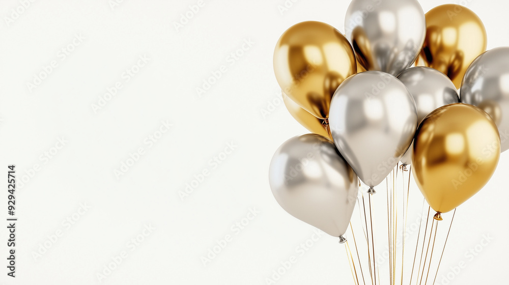 Cluster of gold and silver balloons on a white background conveying a festive and celebratory mood. Cluster of gold and silver balloons on a white background conveying a festive and celebratory mood.