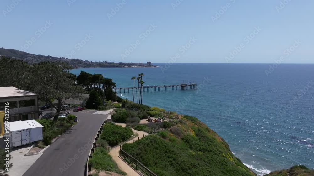 Aerial view of Scripps Pier in La Jolla by Blacks Beach on a sunny day with blue sky and blue Pacific Ocean in Southern California