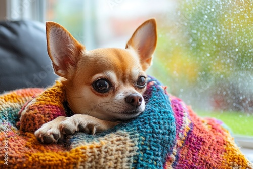 A Chihuahua wrapped in a colorful blanket, resting on a couch with a window showing a rainy day outside. copy space , ai