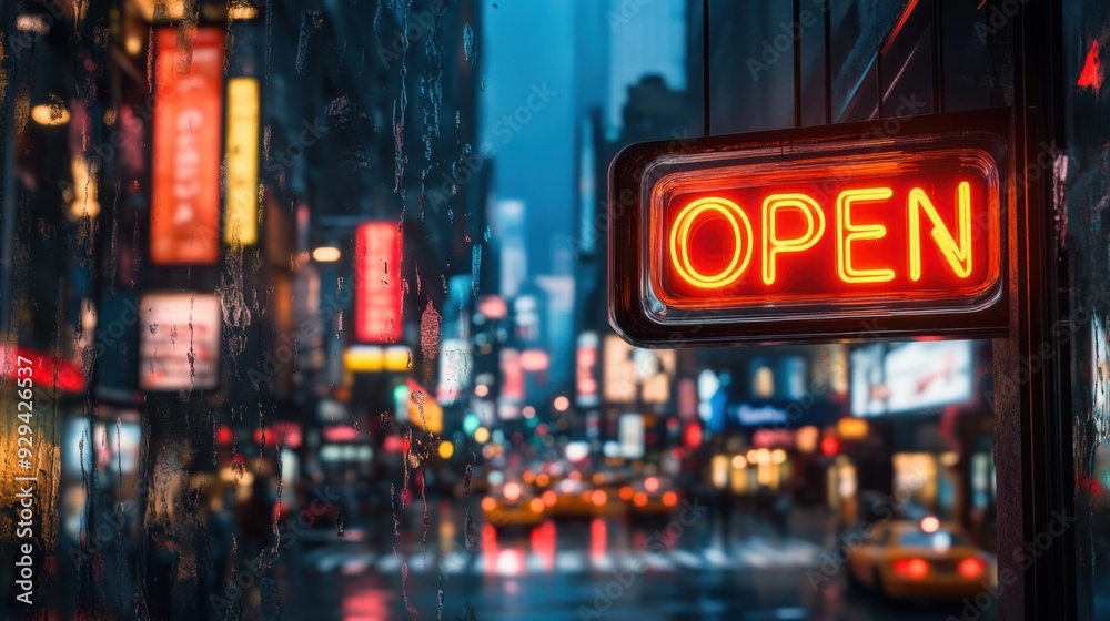 Night Cityscape With Neon Open Sign Glowing And Reflecting On Wet Streets Surrounded By Illuminated Buildings. Night Cityscape With Neon Open Sign Glowing And Reflecting On Wet Streets Surrounded By Illuminated Buildings.