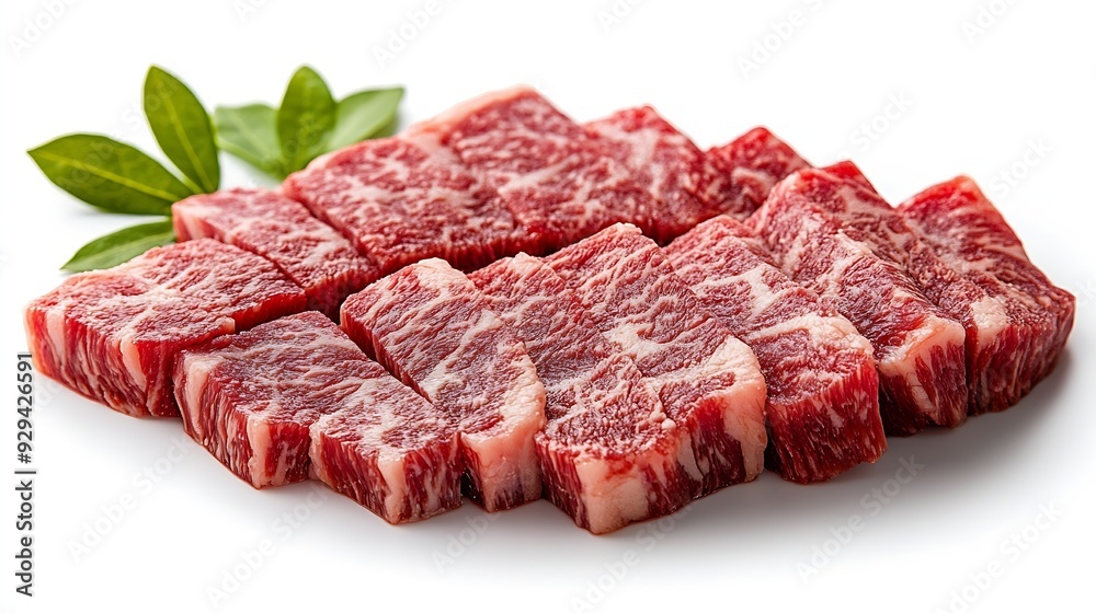 Obraz premium Rare Sliced Wagyu beef with marbled texture isolated on white background Sliced Wagyu beef isolated on white background With work path : Generative AI