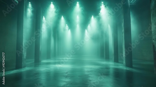 ethereal green laser beams crisscrossing empty stage fogfilled atmosphere mysterious and anticipatory mood