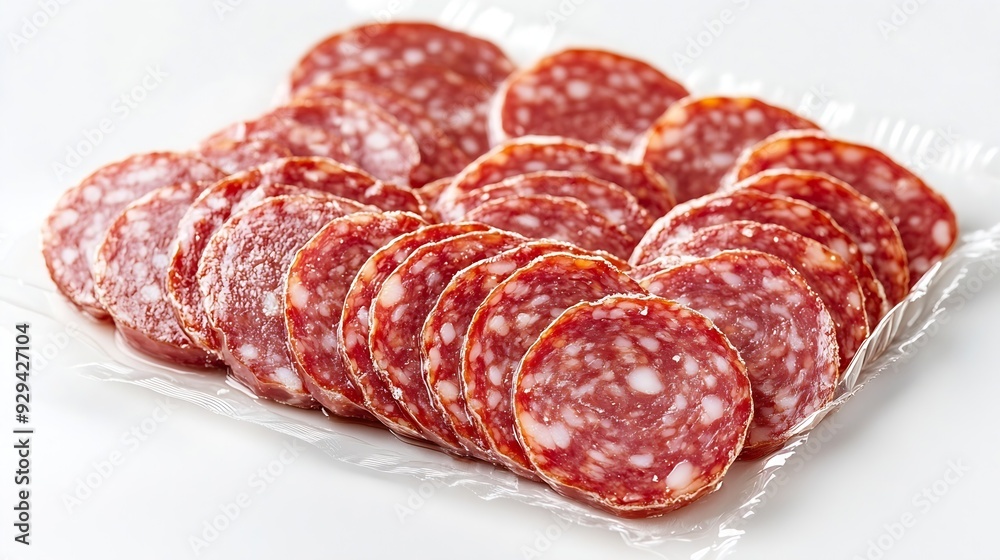 salami sausage slices isolated on white background sliced sausage in plastic package : Generative AI salami sausage slices isolated on white background sliced sausage in plastic package : Generative AI