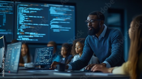 Wallpaper Mural Teacher Giving Computer Science Lecture to Diverse Multiethnic Group of Female and Male Students in Dark College Room Projecting Slideshow with Programming Code Explaining Information  : Generative AI Torontodigital.ca