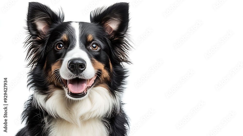 Cheerful border collie dog sitting and looking attentively isolated on white : Generative AI