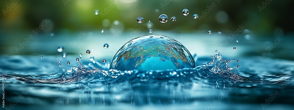 Water droplets form the shape of continents on a globe, copy sapce, emphasizing the interconnectedness of water resources worldwide, Global water awareness concept design Water droplets form the shape of continents on a globe, copy sapce, emphasizing the interconnectedness of water resources worldwide, Global water awareness concept design