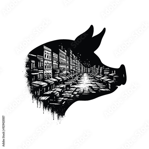 silhouette of Pig, filled with ghetto street in rough drawing,