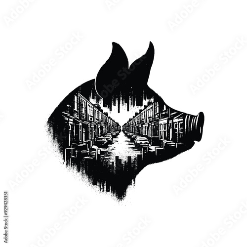 silhouette of Pig, filled with ghetto street in rough drawing,