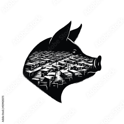 silhouette of Pig, filled with ghetto street in rough drawing,