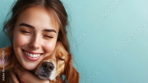 Young smiling happy cheerful owner woman with her best friend retriever wear casual clothes cuddle hug dog close eyes isolated on plain pastel light blue background studio Take care ab : Generative AI