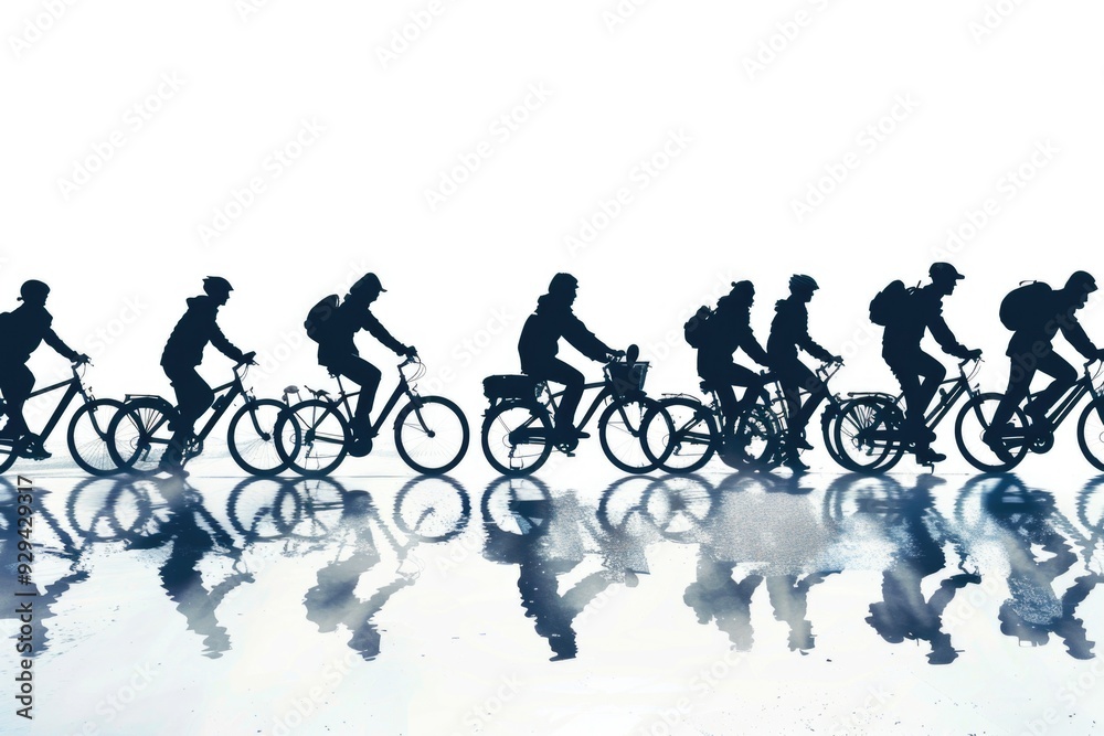 Obraz premium Group of people riding bicycles on a wet surface, perfect for advertising or illustrating the theme of transportation in rain