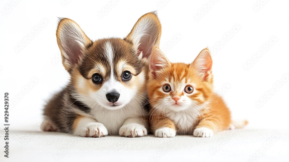 Cute Welsh corgi puppy and a red kitten sit together on a white background isolated on a white background : Generative AI Cute Welsh corgi puppy and a red kitten sit together on a white background isolated on a white background : Generative AI