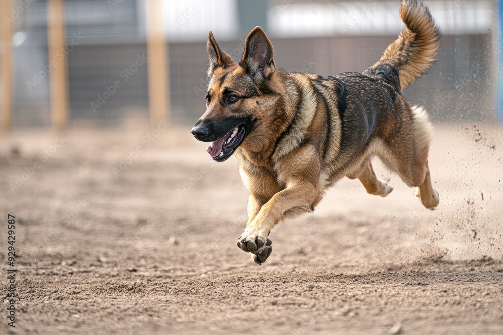 A German Shepherd running through an obstacle course in a training facility, showing agility and speed. copy space , ai A German Shepherd running through an obstacle course in a training facility, showing agility and speed. copy space , ai