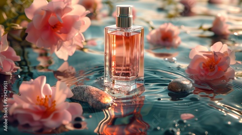 Square glass perfume bottle with pink liquid surrounded by soft pink blossoms and stones on a rippling water surface.