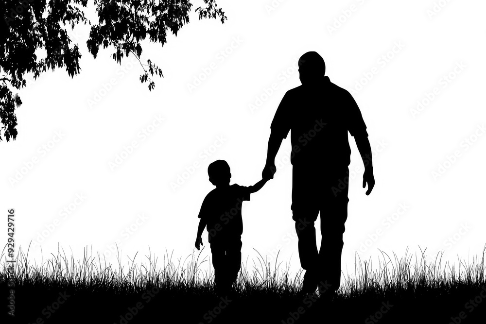 Black Silhouette of a person holding a childs hand while walking on a white background. Black Silhouette of a person holding a childs hand while walking on a white background.