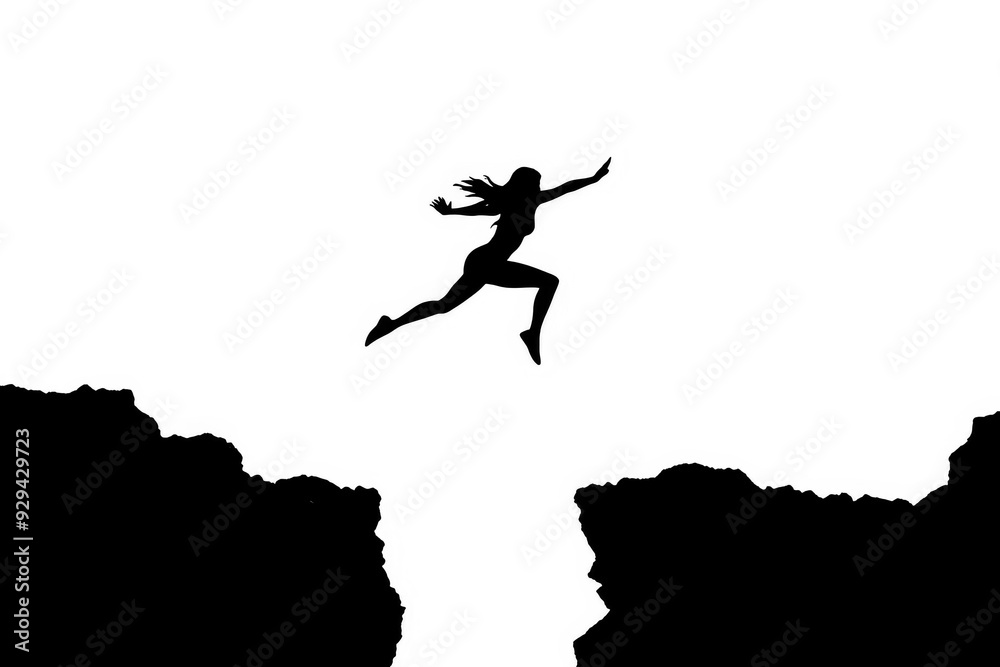 Black Silhouette of a person leaping across a gap between two cliffs on a white background. Black Silhouette of a person leaping across a gap between two cliffs on a white background.