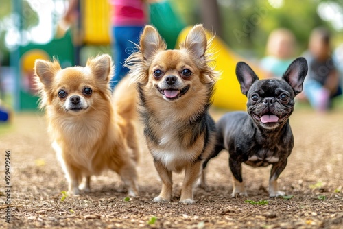 A group of three small dogs, a Chihuahua, a Pomeranian, and a French bulldog, playing together in a colorful park with children in the background. copy space , ai