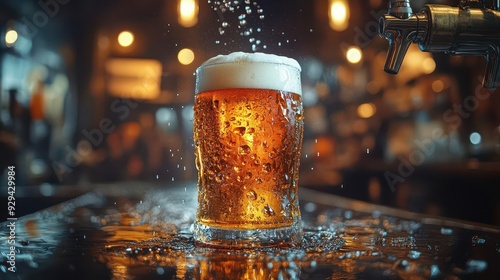 frosty beer mug under spotlights crisp golden liquid cascading from tap creating perfect foam head droplets on glass dark pub ambiance photo