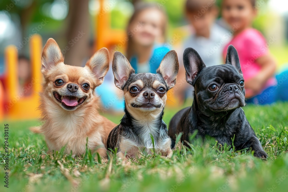 A group of three small dogs, a Chihuahua, a Pomeranian, and a French bulldog, playing together in a colorful park with children in the background. copy space , ai A group of three small dogs, a Chihuahua, a Pomeranian, and a French bulldog, playing together in a colorful park with children in the background. copy space , ai
